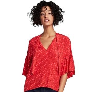 ZARA Blouse Top Shirt Flutter Butterfly Sleeve Bow Tie Neck Hi Low Relaxed Fit